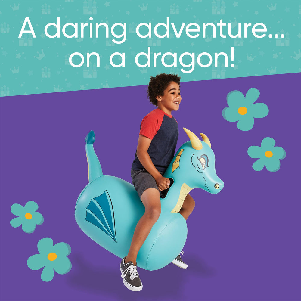 HearthSong Hop N Go blue dragon bouncer action shot sparks dragon adventures during backyard games