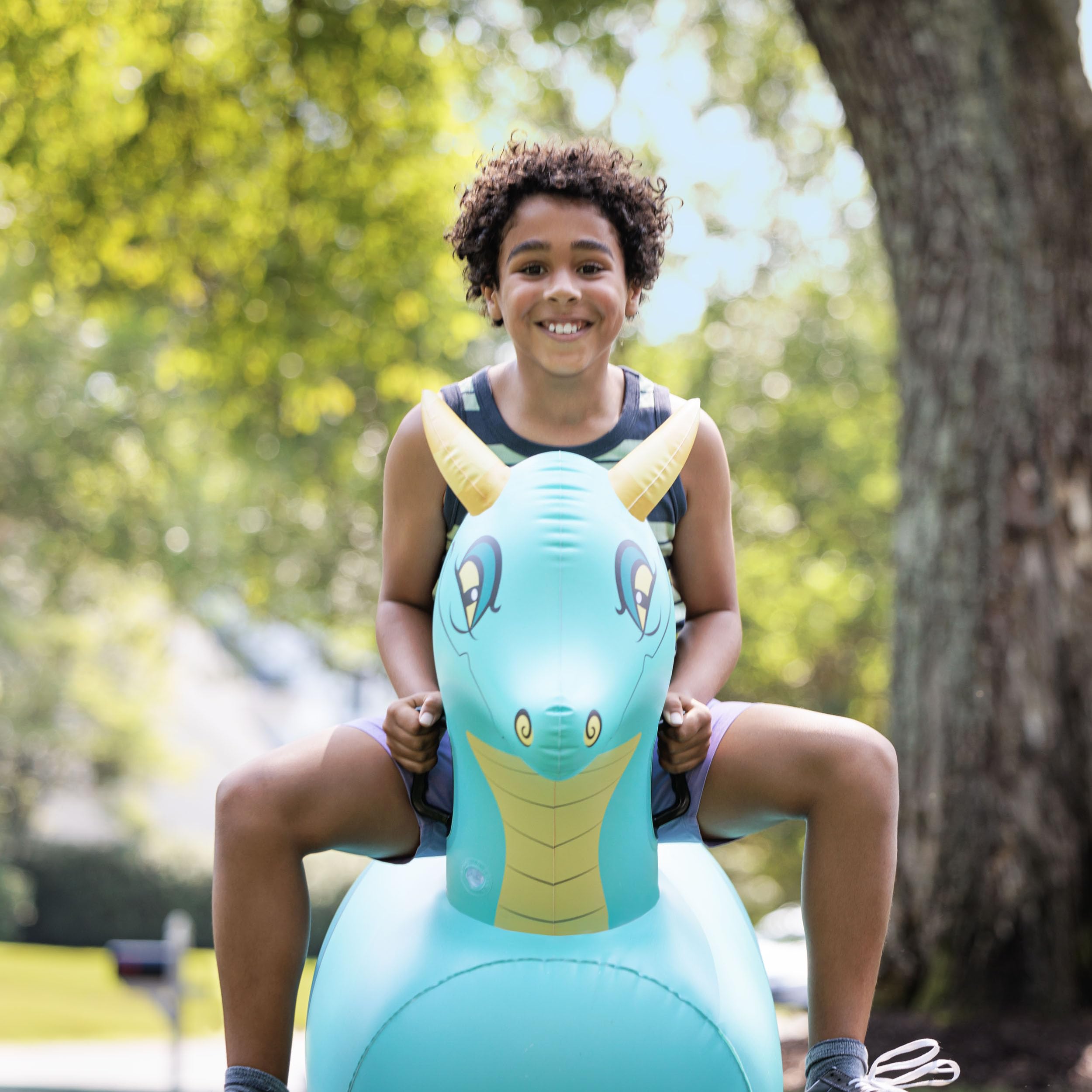 HearthSong Hop N Go blue dragon bouncer family fun for sunny afternoons
