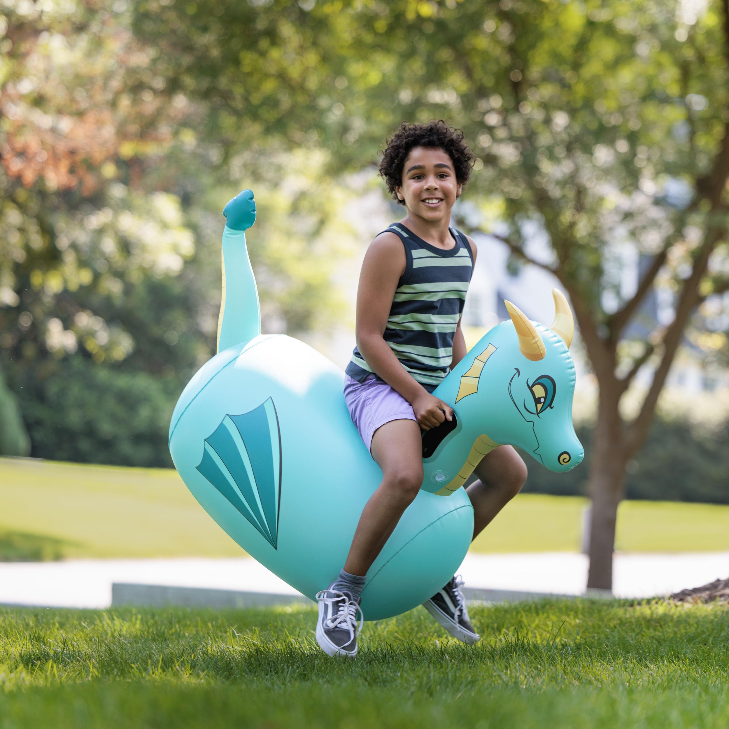 HearthSong Hop N Go blue dragon bouncer front view encourages imaginative rides outdoors