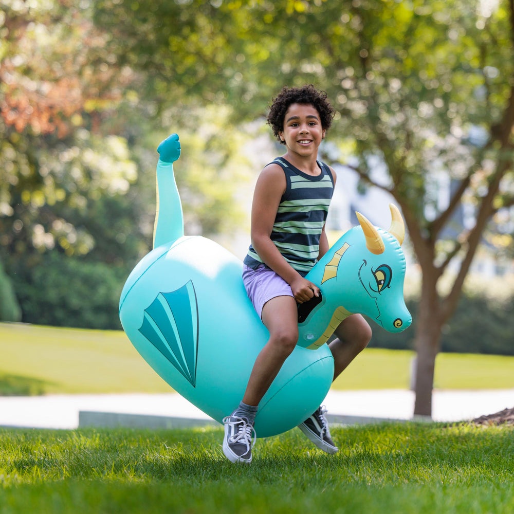 HearthSong Hop N Go blue dragon bouncer front view encourages imaginative rides outdoors