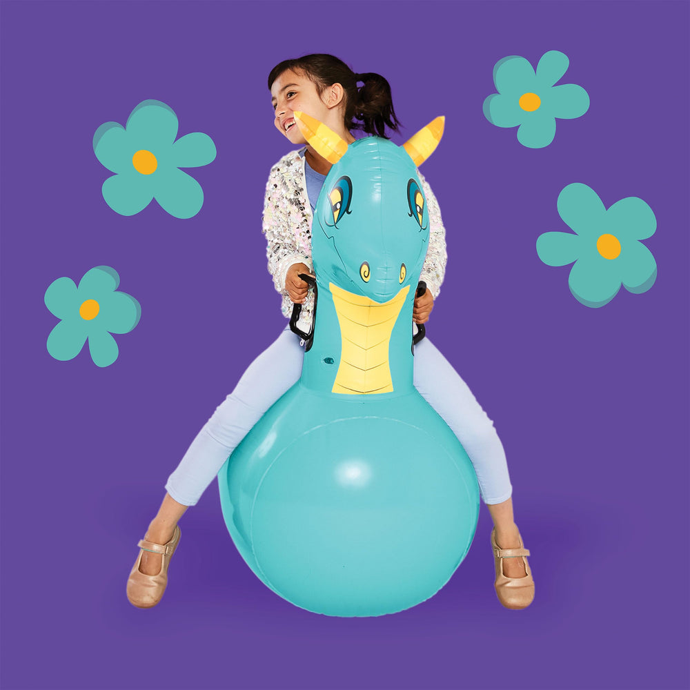 HearthSong Hop N Go blue dragon bouncer kid riding outdoors promotes active, healthy play