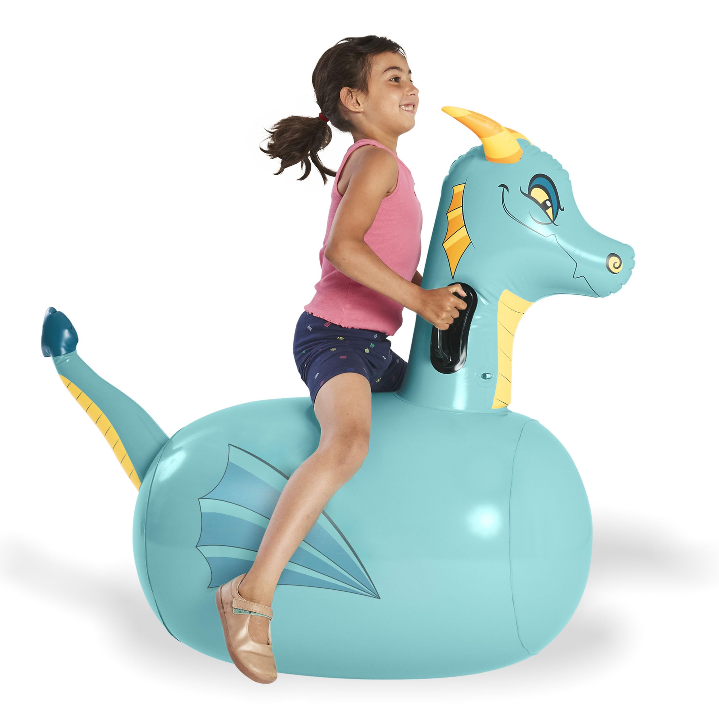HearthSong Hop N Go blue dragon bouncer side view for energetic outdoor play