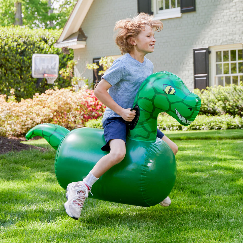 HearthSong Hop N Go Dino bouncer at park ready for outdoor games.