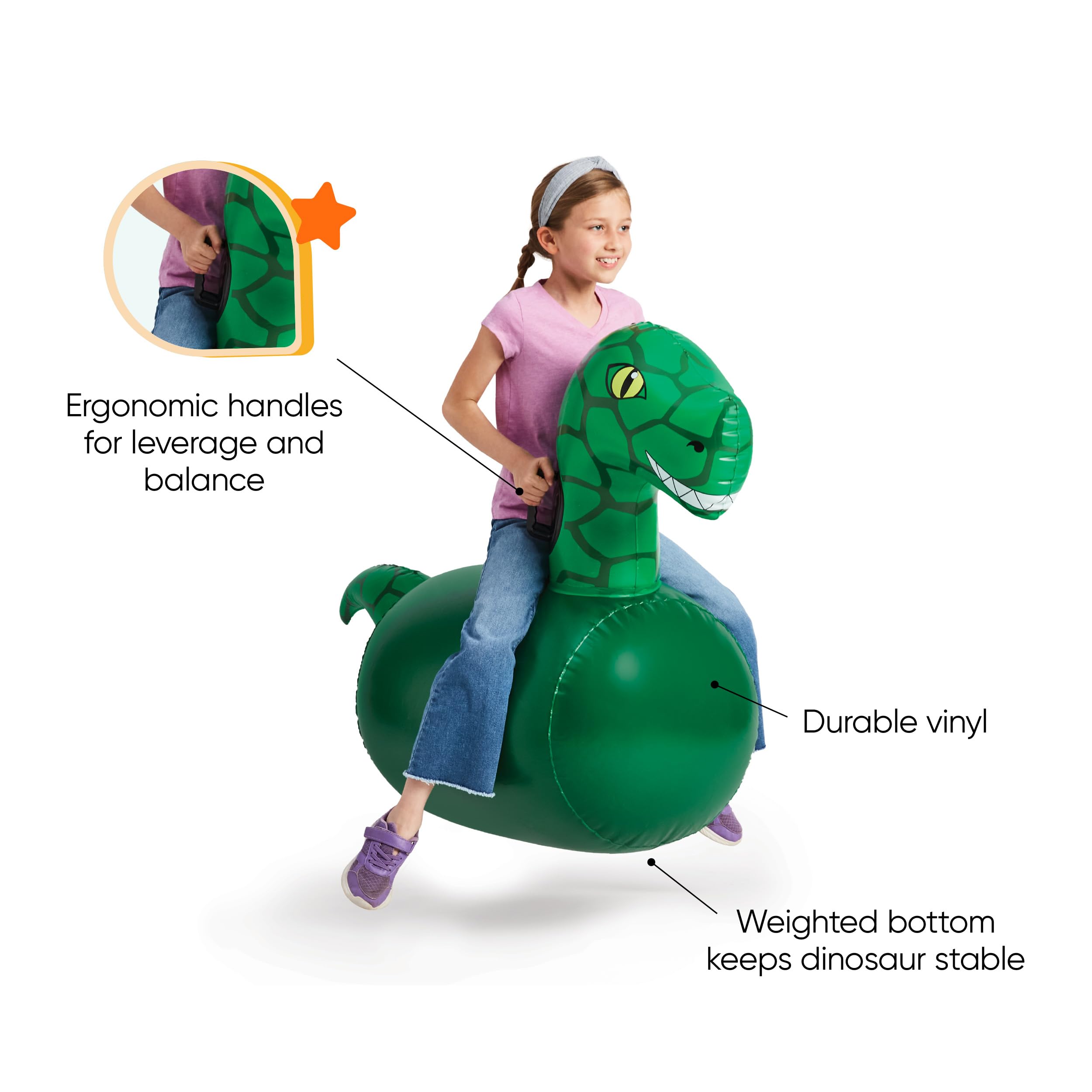 HearthSong Hop N Go Dino bouncer with easy-grip handles for secure jumping.