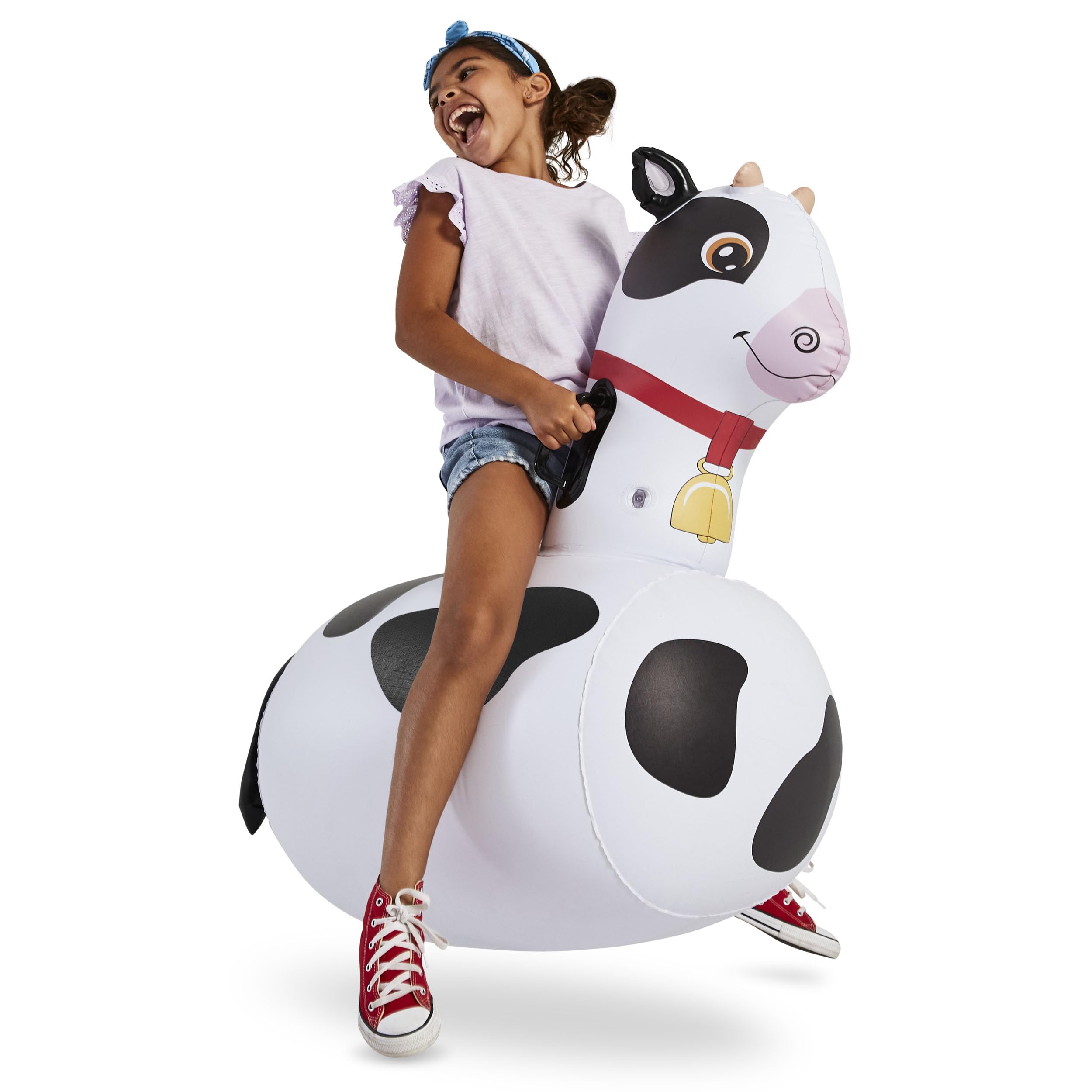 HearthSong Hop N Go inflatable cow riding toy for outdoor fun and active play.