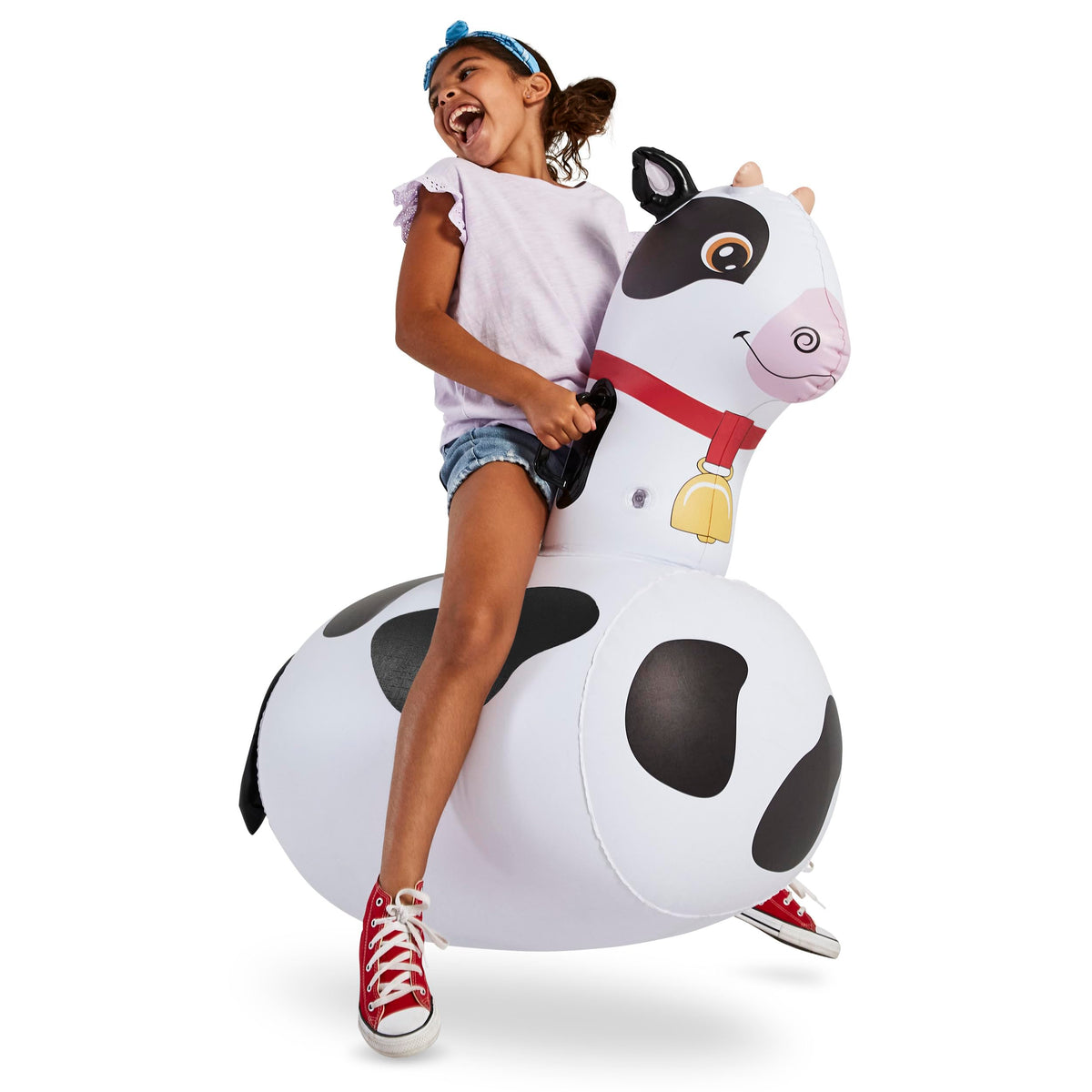 HearthSong Hop N Go inflatable cow riding toy for outdoor fun and active play.