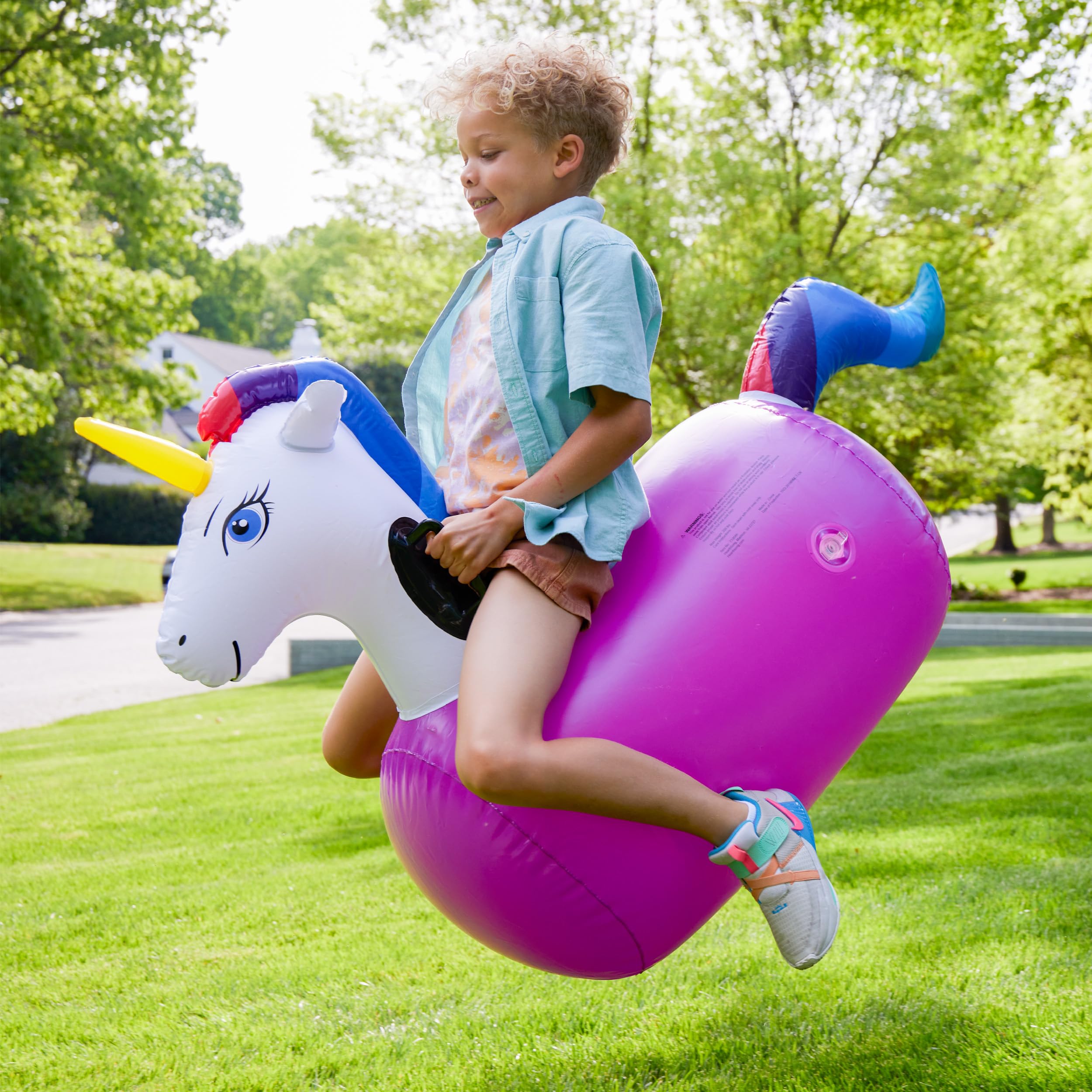 HearthSong Hop N Go unicorn side view, vibrant colors boost outdoor fun.