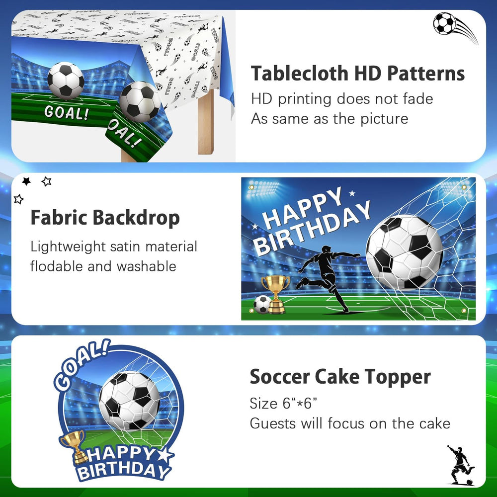 Heboland soccer tablecloth covers the dessert table with team spirit.