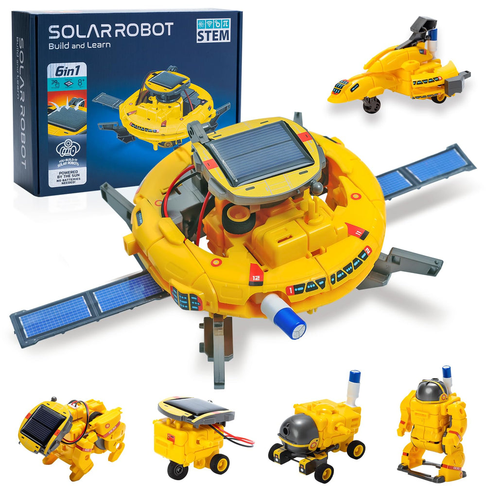 Hechify solar robot kit front view showing a bright yellow set for hands-on learning
