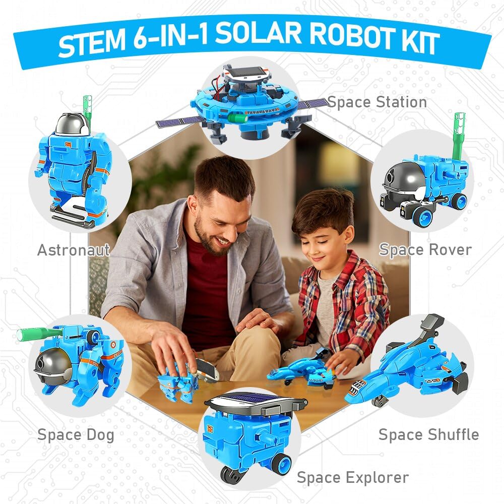 Hechify STEM 6-in-1 solar power robot kit building action, highlighting teamwork and problem-solving skills.