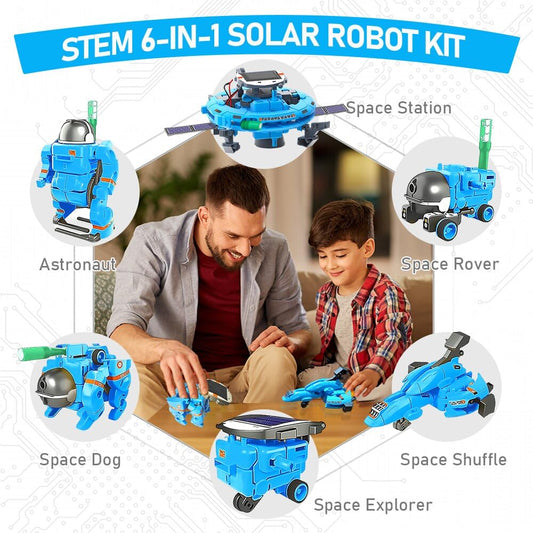 Hechify STEM 6-in-1 solar power robot kit building action, highlighting teamwork and problem-solving skills.