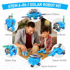 Hechify STEM 6-in-1 solar power robot kit building action, highlighting teamwork and problem-solving skills.