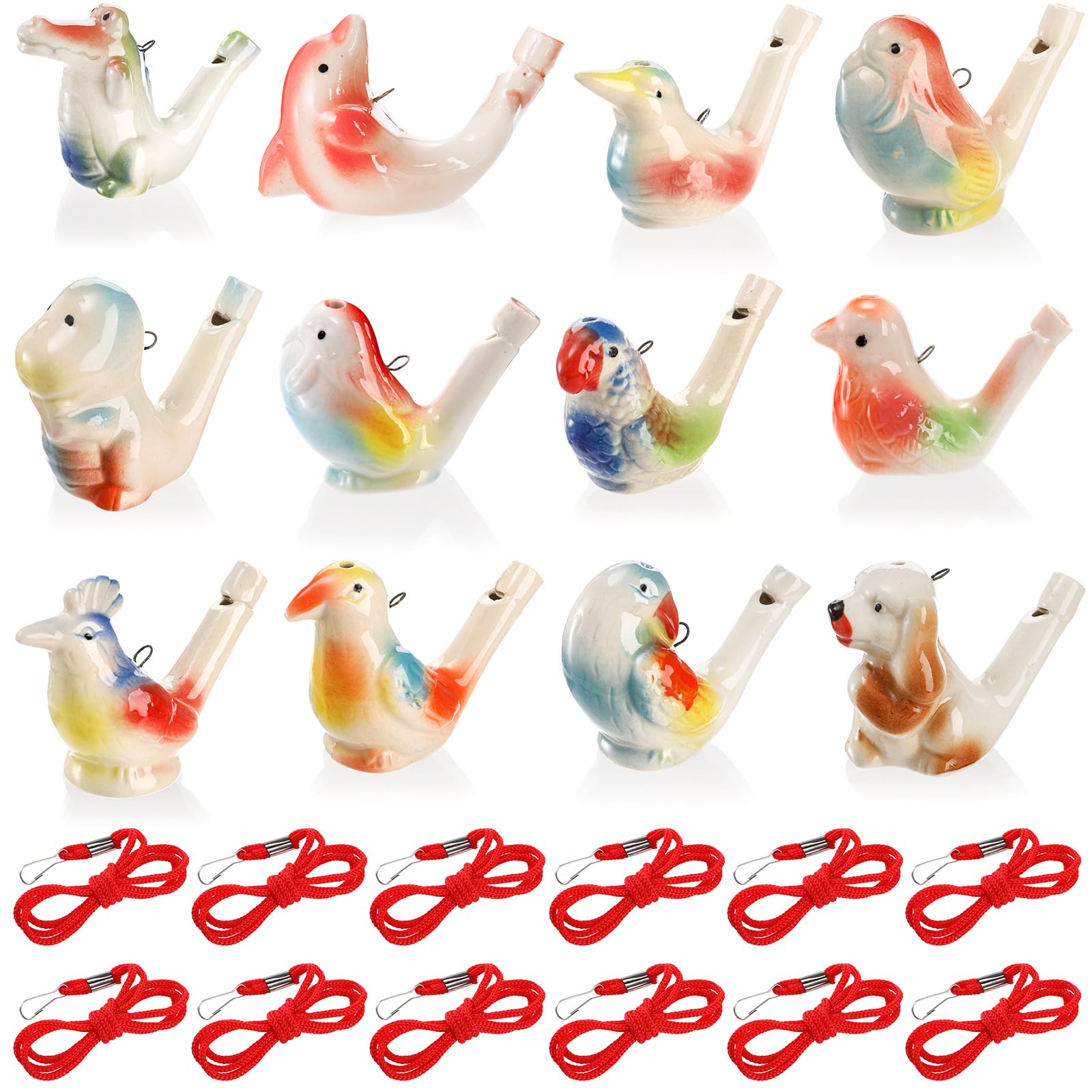 Hedume 12-piece ceramic bird whistles collection for playful bath time sounds.