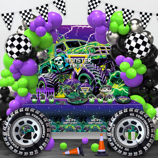 Heidaman Monster Truck background sets a bold, photo-ready backdrop for kids' party moments.