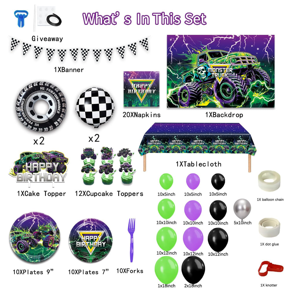 Heidaman Monster Truck balloon arch adds festive flair for party greetings.