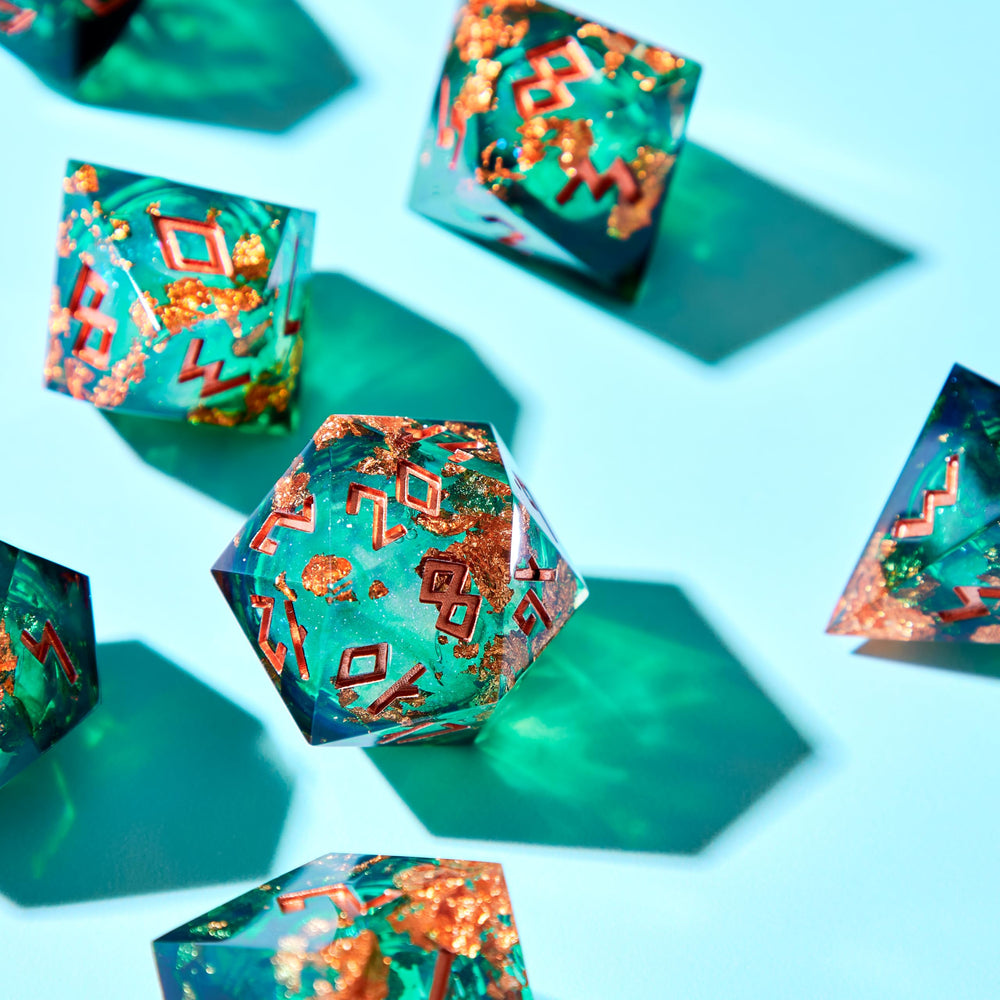 HEIMDALLR hand painted dice artistry showcasing meticulous craftsmanship.