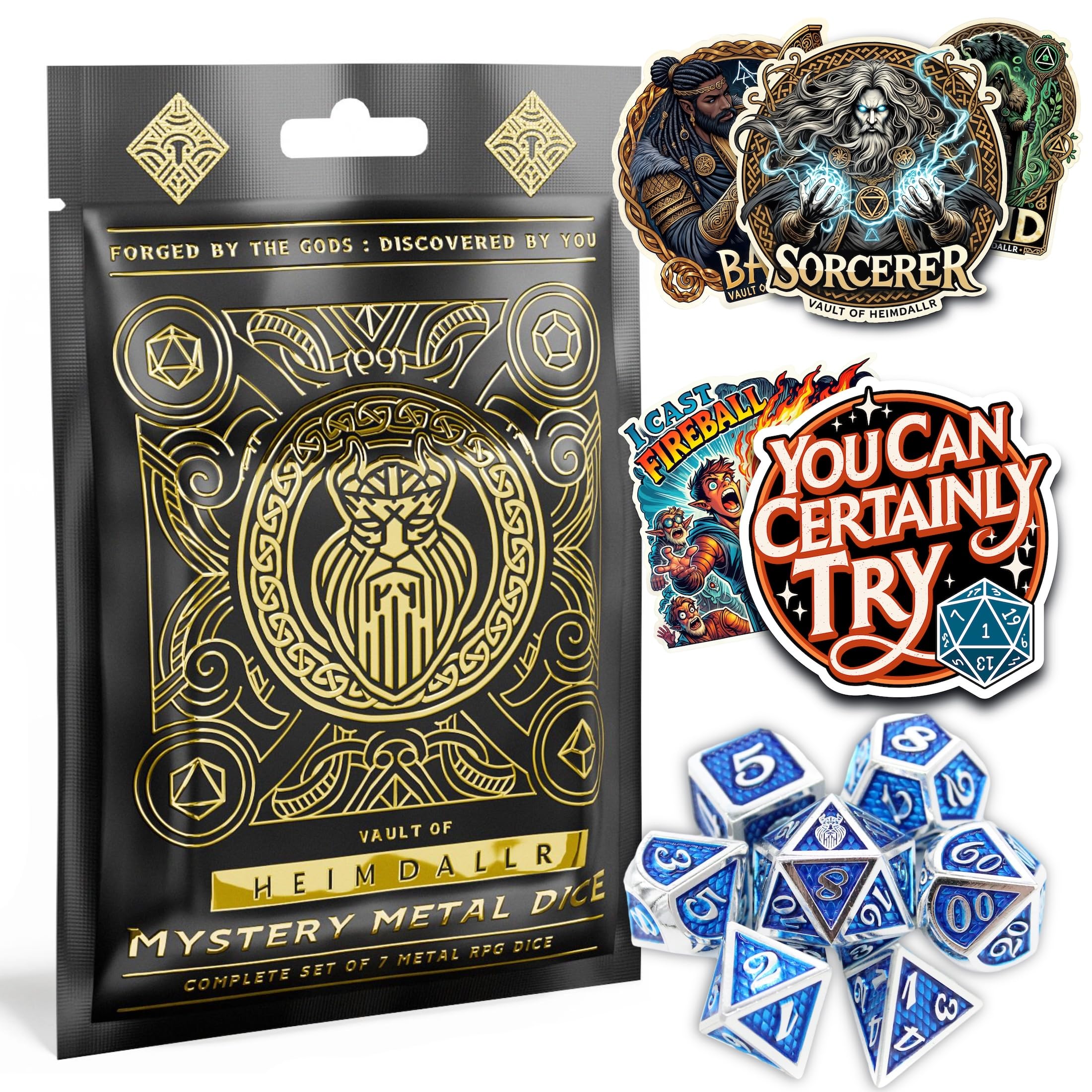 HEIMDALLR Mystery Metal DND dice set in 7-piece form for balanced tabletop rolls.