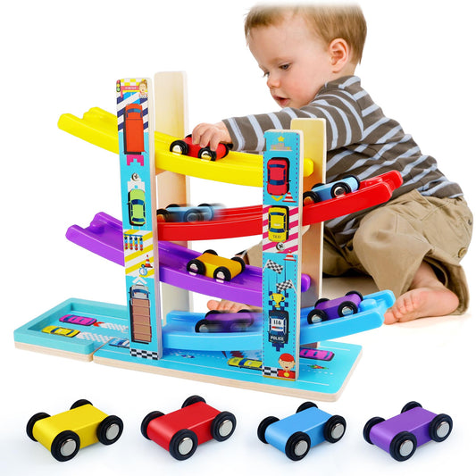Heirio Montessori race track helps toddlers develop hand-eye coordination on a colorful track.