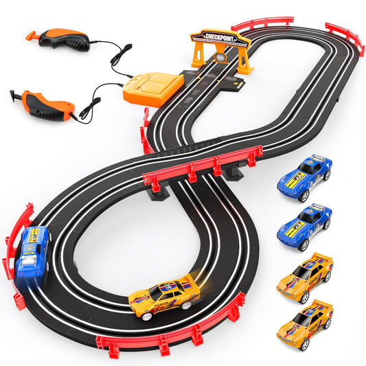 Heirio 4-in-1 slot car race track with overpass improves hand-eye coordination during fast laps