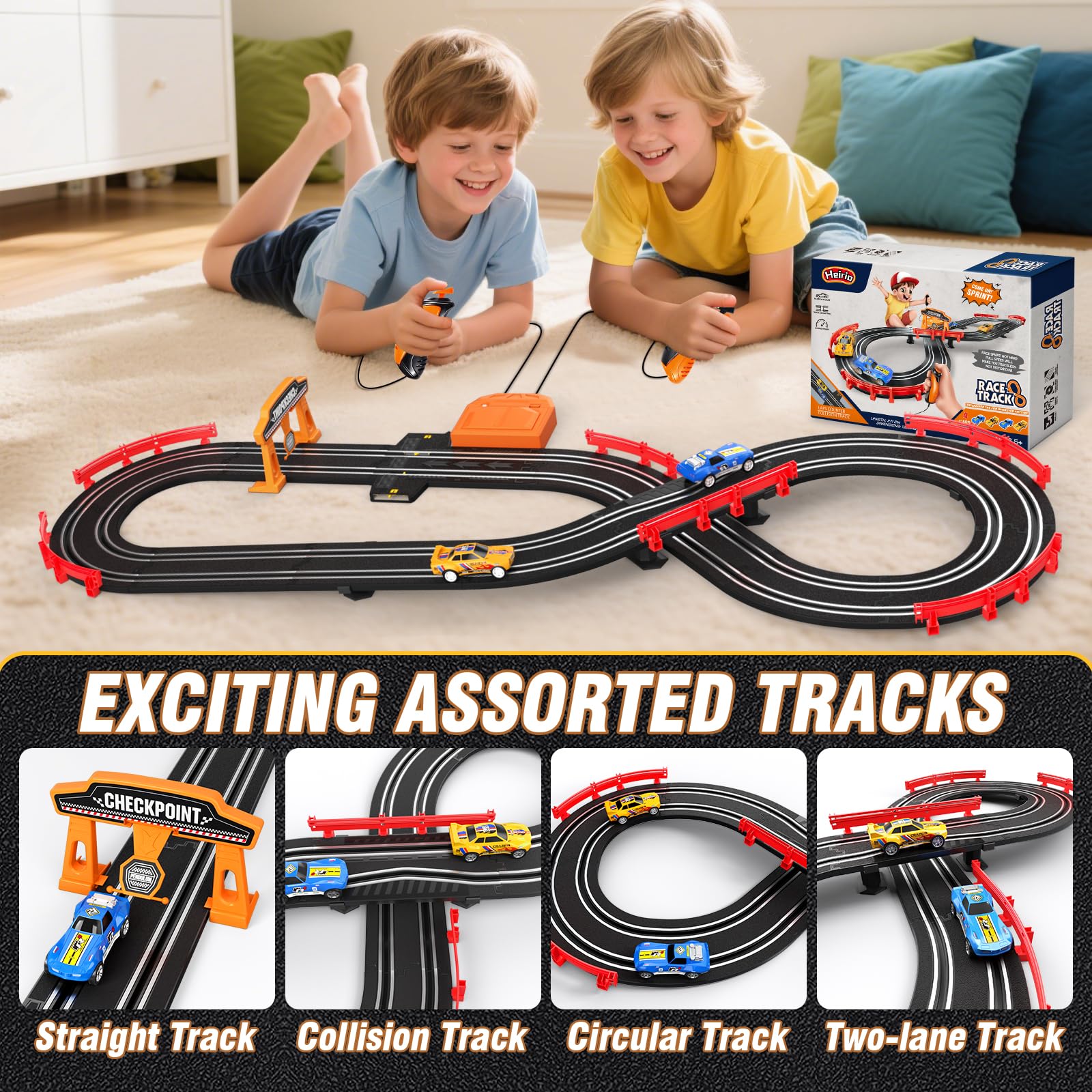 Heirio high-speed mini cars glide smoothly on the metal track for thrilling competitions