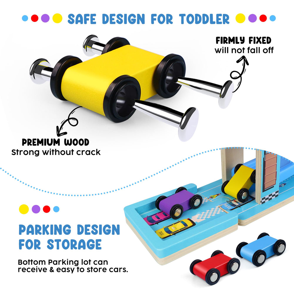 Heirio wooden parking lot keeps cars organized after race adventures.