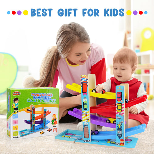 Heirio wooden rainbow track cars slide smoothly for tactile play.