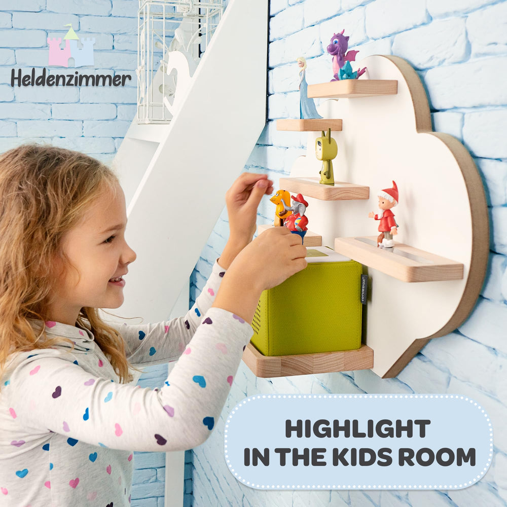 Heldenzimmer Tonie figures display on the shelf for easy access.