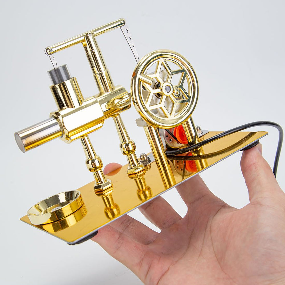 Heligotech Stirling engine LED light display powered by motion for engaging demonstrations.