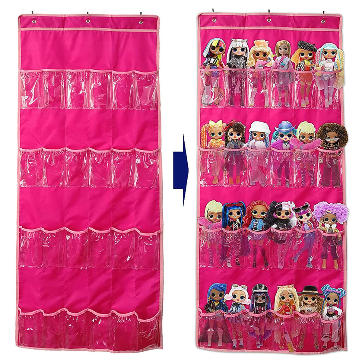 Helimwint hanging toy storage bag on door keeps dolls organized and accessible.