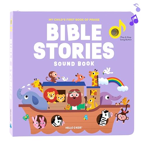 Hello 2 Kids Bible Stories sound book cover with bright illustrations inviting toddlers to listen.