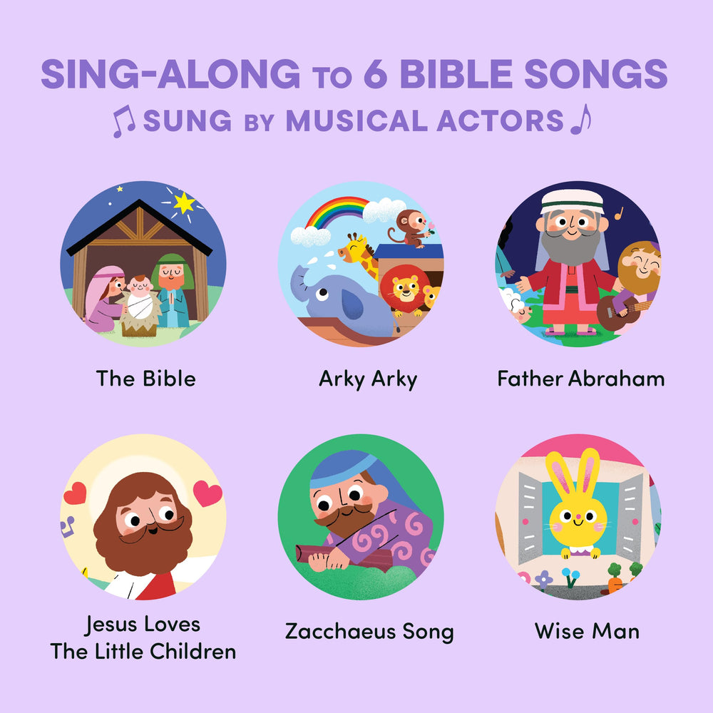 Hello 2 Kids Bible Stories vivid illustrations engage young readers during songs.