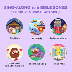 Hello 2 Kids Bible Stories vivid illustrations engage young readers during songs.