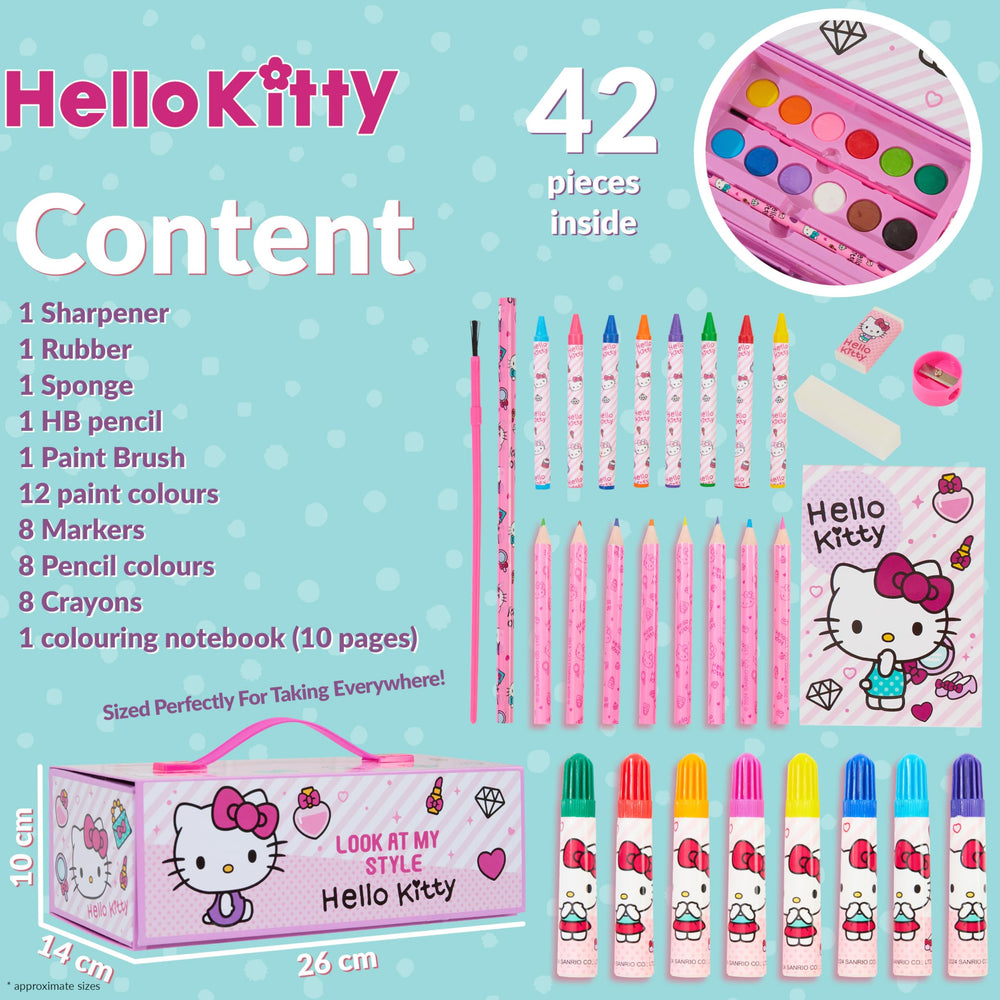 Hello Kitty art set in a durable travel case supports screen-free play