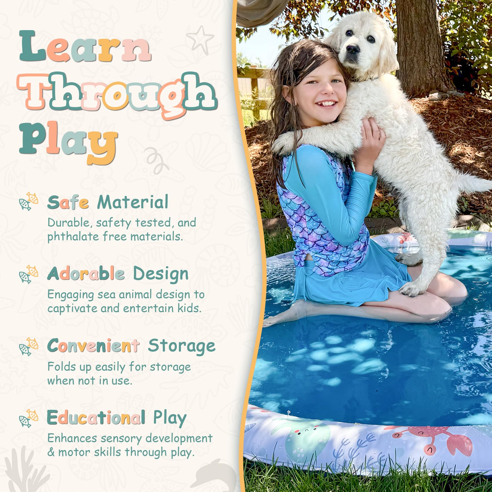 Hello Little Honey splash pad sea animal design engages kids during water fun.