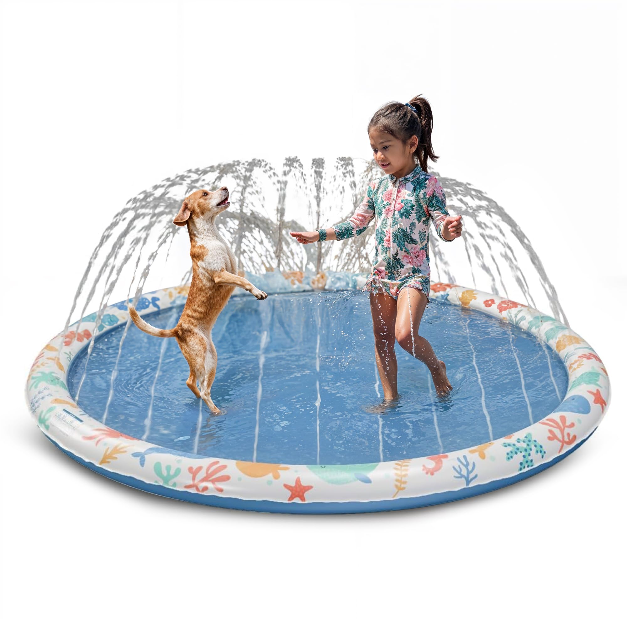Hello Little Honey splash pad 66-inch laid out for backyard water play with easy setup.