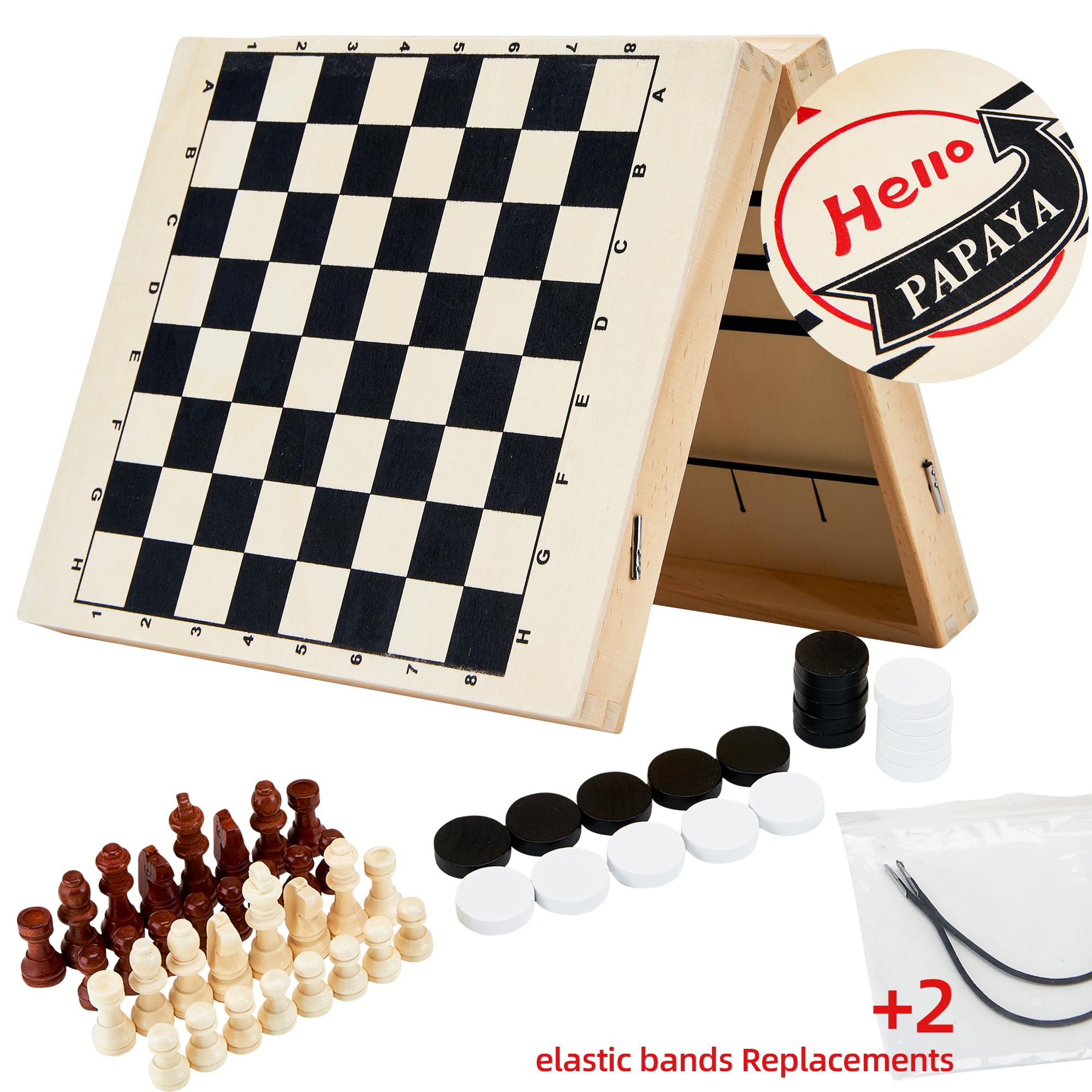 HELLO PAPAYA Includes extra pucks and elastic bands for replacement play.