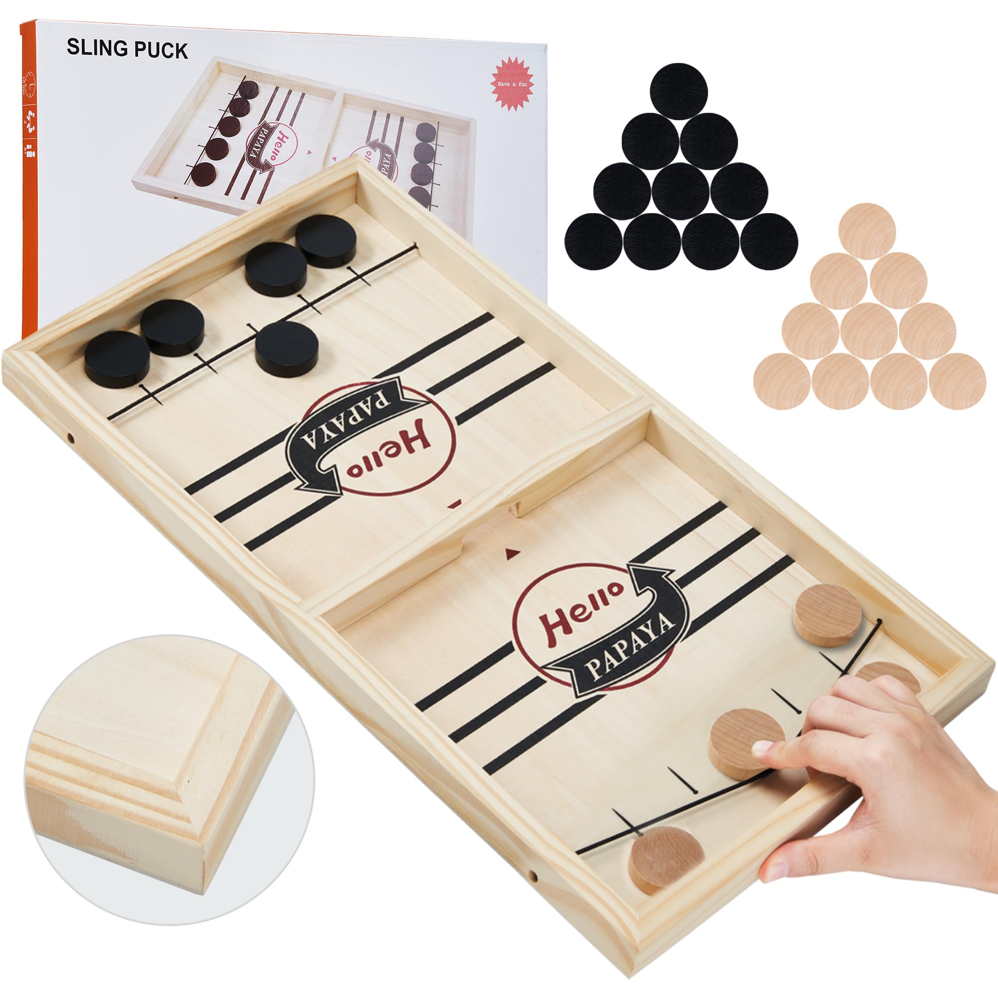Hello Papaya fast sling puck game front view shows quick setup for instant play.