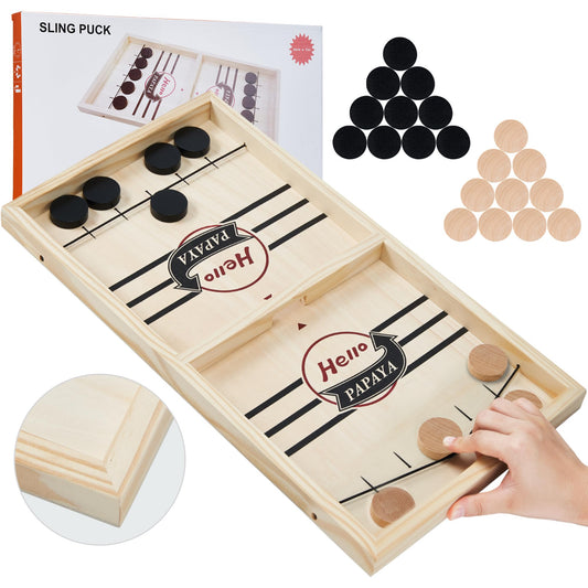 Hello Papaya fast sling puck game front view shows quick setup for instant play.