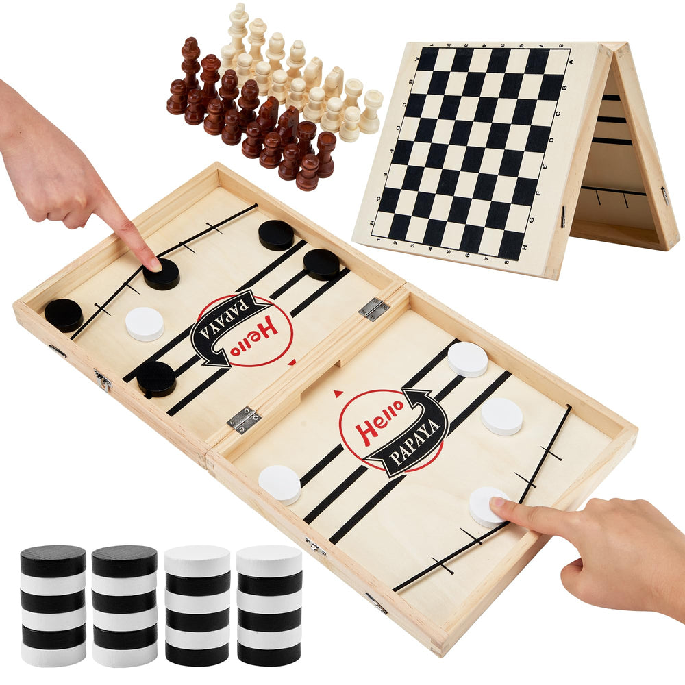 HELLO PAPAYA Foldable Sling Puck Game board setup for quick family fun.
