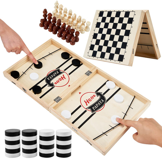 HELLO PAPAYA Foldable Sling Puck Game board setup for quick family fun.