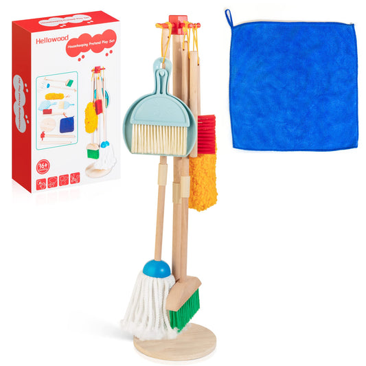 HELLOWOOD kids cleaning broom showcases natural beech wood for pretend housekeeping