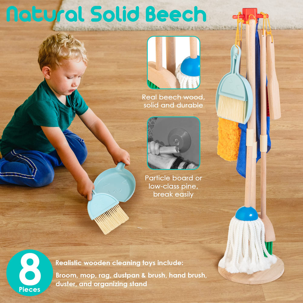 HELLOWOOD kids cleaning mop demonstrates durable wood for long-lasting playtime