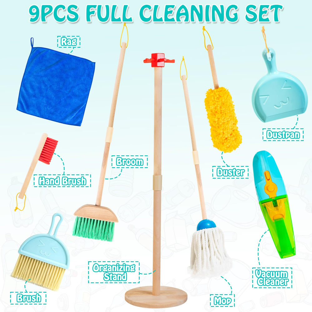 HELLOWOOD Cleaning Set broom and mop image – encourages tidying during imaginative play.