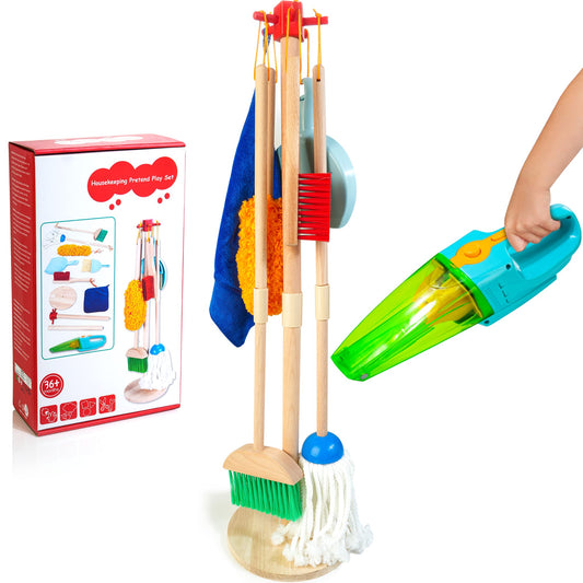 HELLOWOOD Kids Cleaning Set electric vacuum image – realistic sound inspires pretend play.