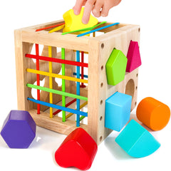 HELLOWOOD shape sorter cube with eight shapes for hands-on learning and problem-solving.