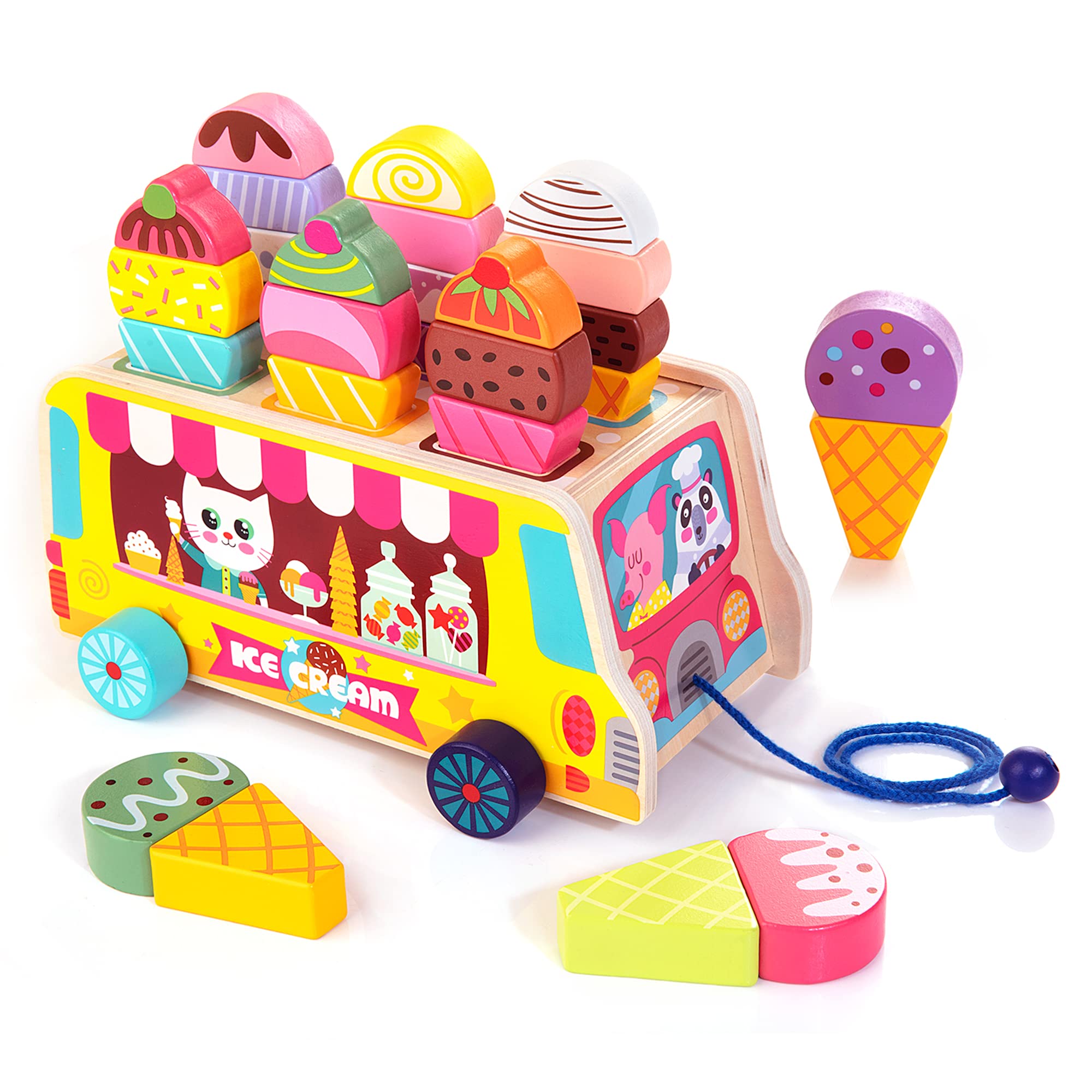 HELLOWOOD wooden ice cream truck with magnetic treats sparks imaginative pretend play.