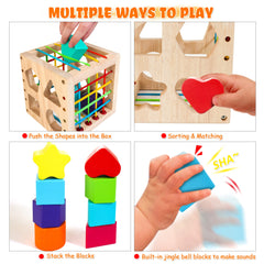 HELLOWOOD wooden storage box keeps blocks organized and portable for travel.