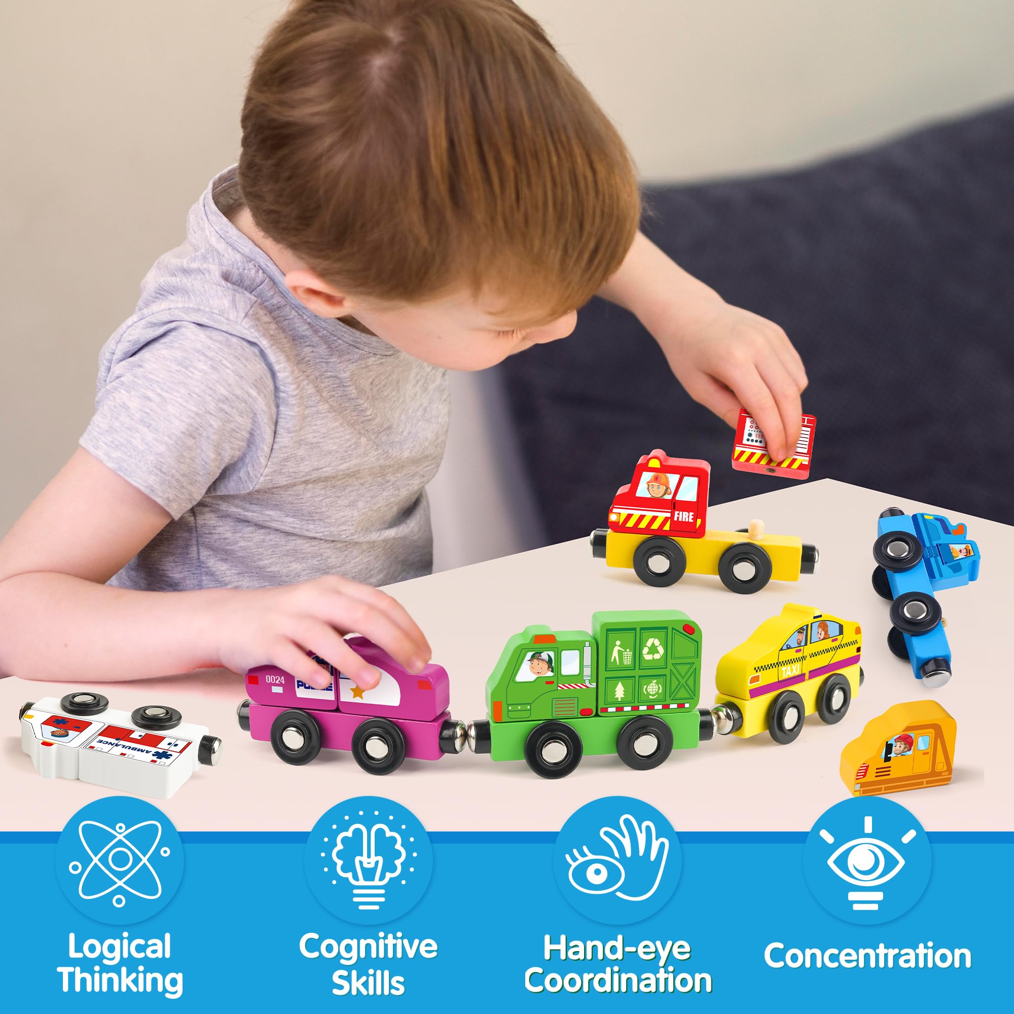 Helsort ambulance city-train piece supports rescue-themed play and precision grip.