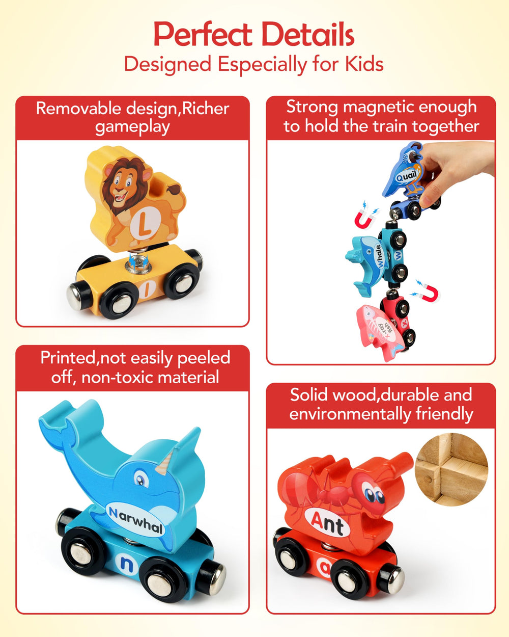 Helsort snap-connection train with animal magnets for engaging play.