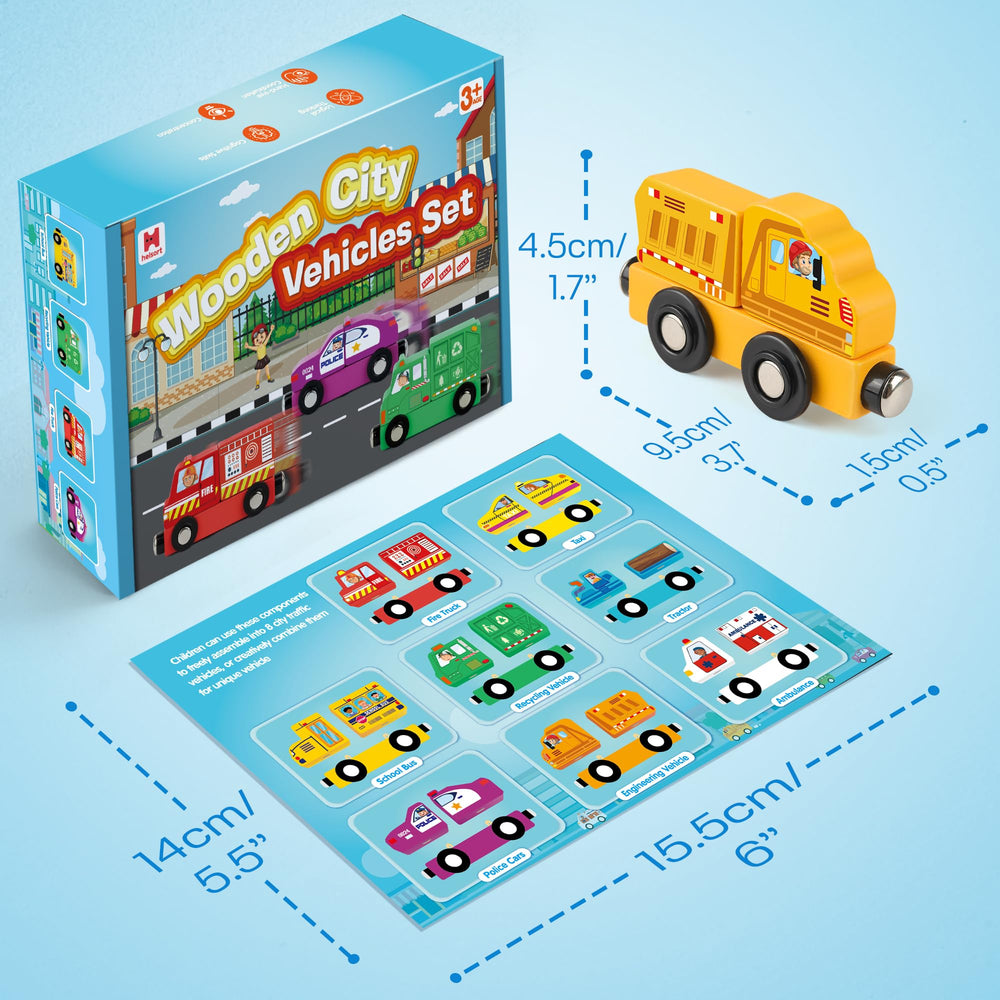 Helsort construction-truck city-train piece invites planning and storytelling.